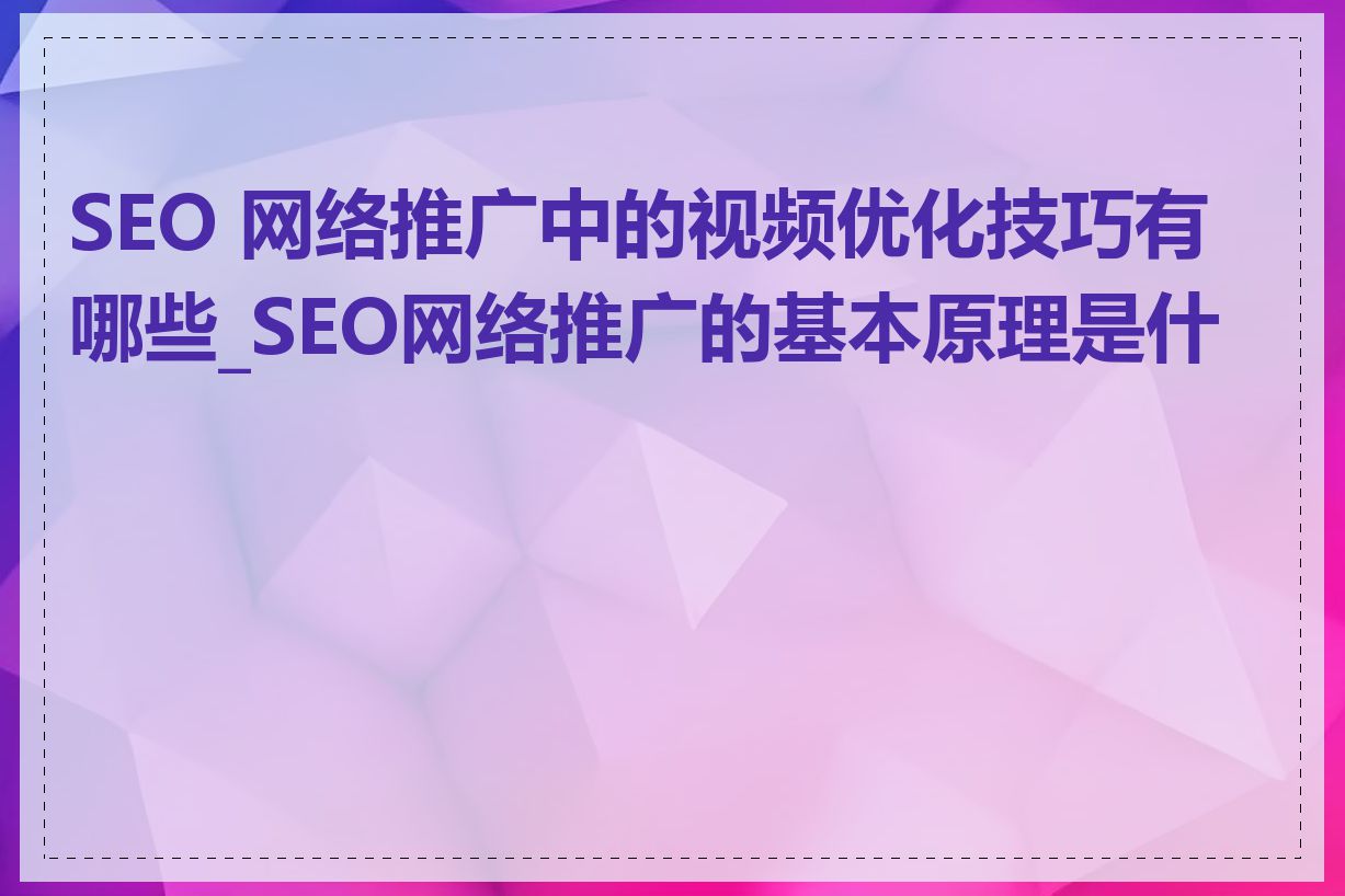 SEO 网络推广中的视频优化技巧有哪些_SEO网络推广的基本原理是什么